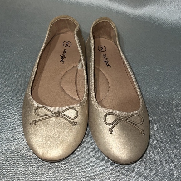 Girls Cat & Jack Ballerina Gold Bow Flats Size 2 - Picture 3 of 7